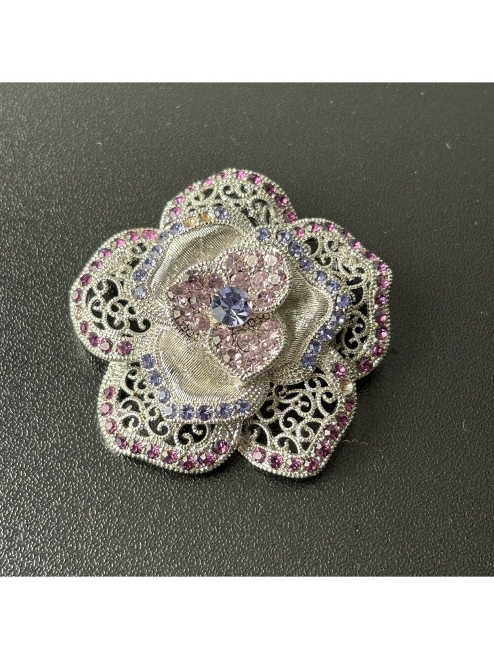 Vintage Flower Silver Tone Filigree Style w/ Purple Rhinestones 2" Brooch Pin